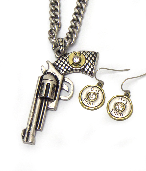 Metal hand gun and center bullet necklace set