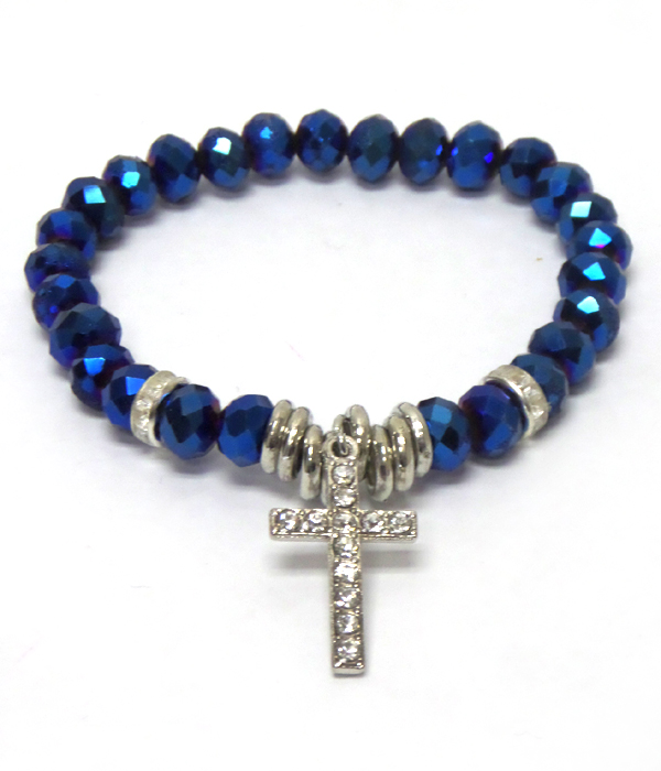 Metallic glass beads with rhinestones cross charm bracelet