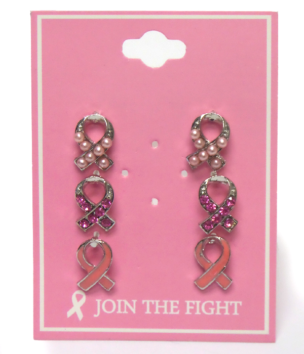 Breast cancer awareness  theme 3 pair earrings pink ribbon