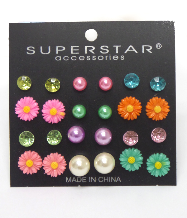 Multi flower and crystals  12 pair earrings mens jewelry