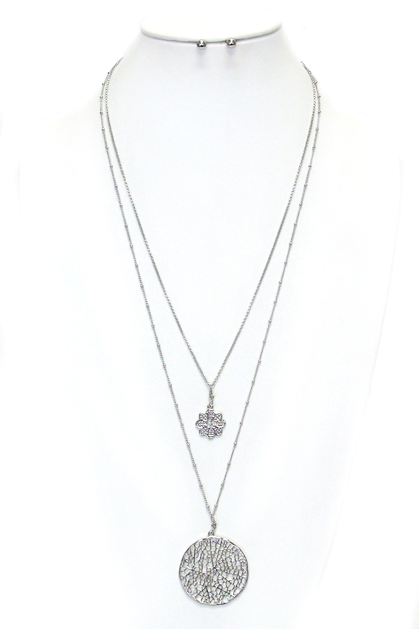 Metal filigree pendant double layer necklace set