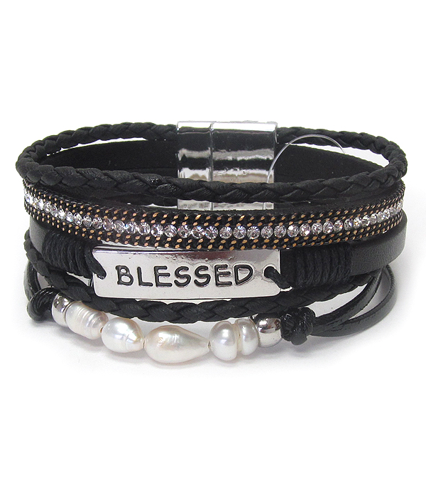 Religious inspiration fresh water pearl multi layer leather wrap magnetic bracelet