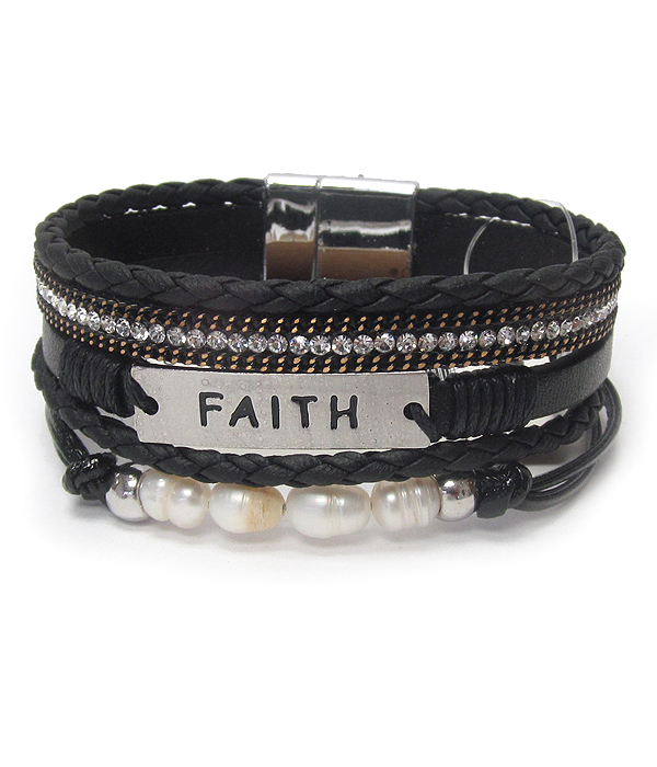 Religious inspiration fresh water pearl multi layer leather wrap magnetic bracelet