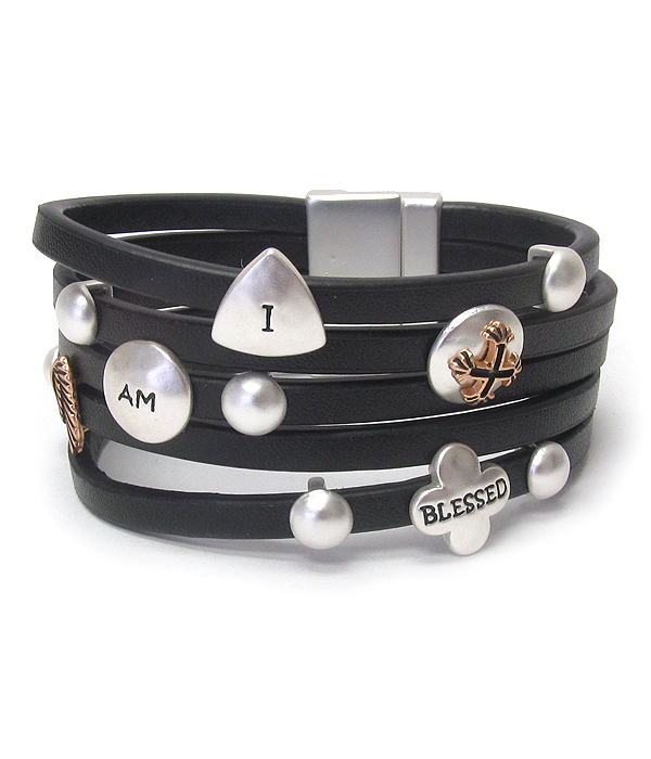Religious inspiration multi layer leather magnetic bracelet - i am blessed