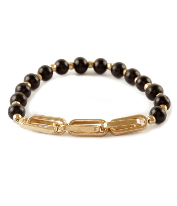 Multi wood ball bead and chain mix stretch bracelet