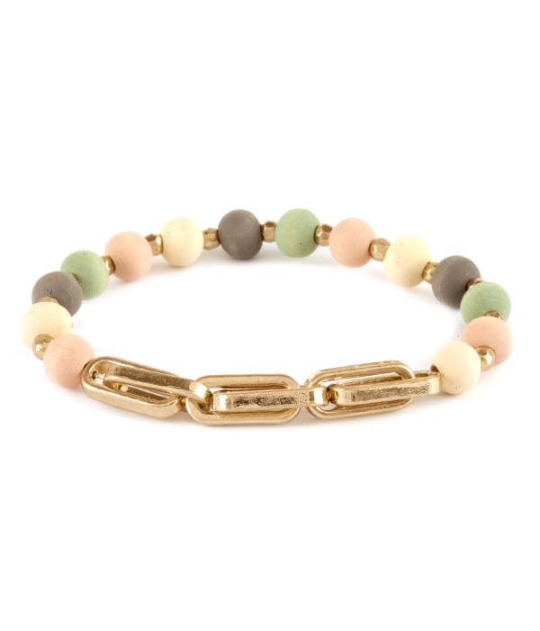 Multi wood ball bead and chain mix stretch bracelet