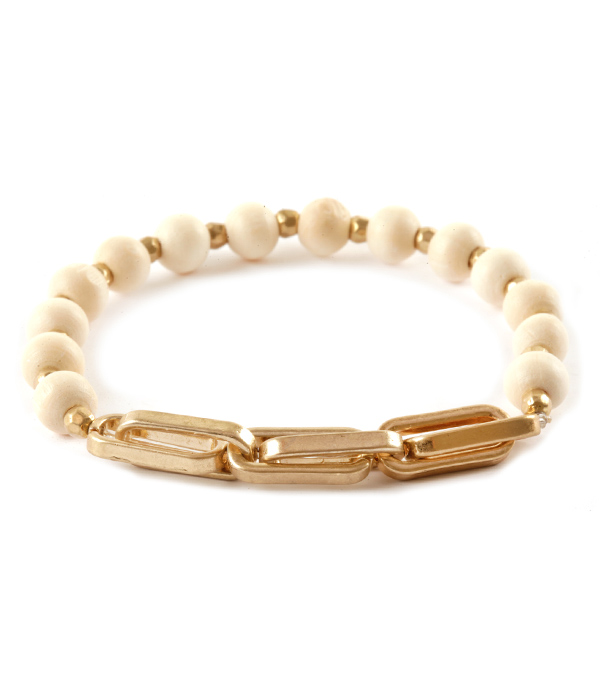Multi wood ball bead and chain mix stretch bracelet