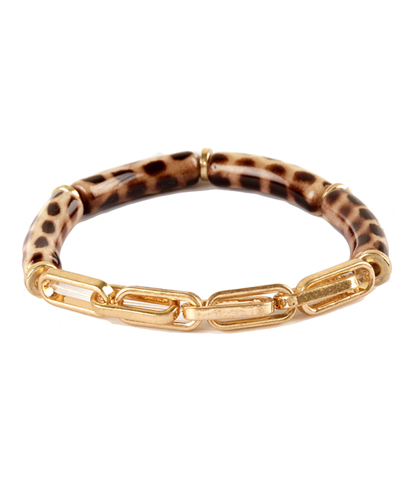 Animal print porcelain tube and chain mix stretch bracelet - leopard