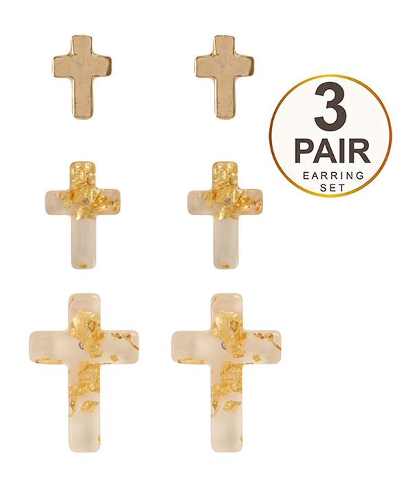 GOLD FLAKE ACETATE CROSS 3 PAIR EARRING SET