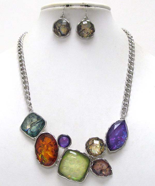 Multi fashion shape shell stone metal chain necklace earring set