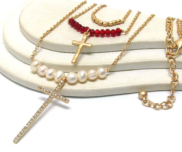 Crystal double cross pearl with crystal glass  metal beads drop chain necklace 