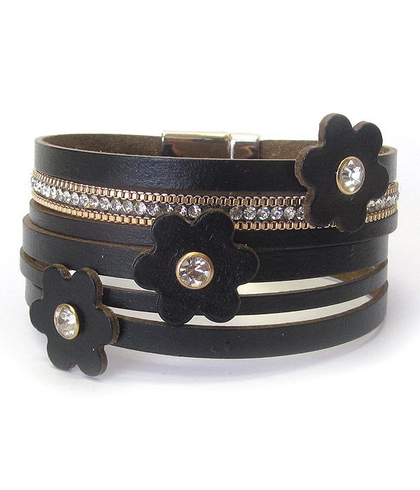MULTI LEATHER LAYER FLOWER ACCENT MAGNETIC BRACELET