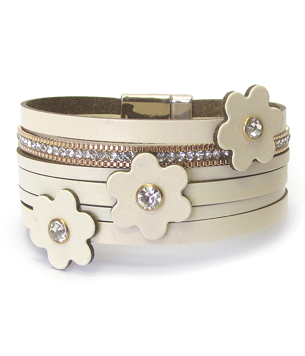 MULTI LEATHER LAYER FLOWER ACCENT MAGNETIC BRACELET