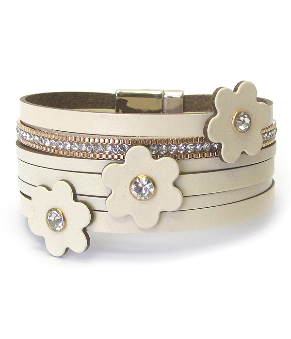 Multi leather layer flower accent magnetic bracelet