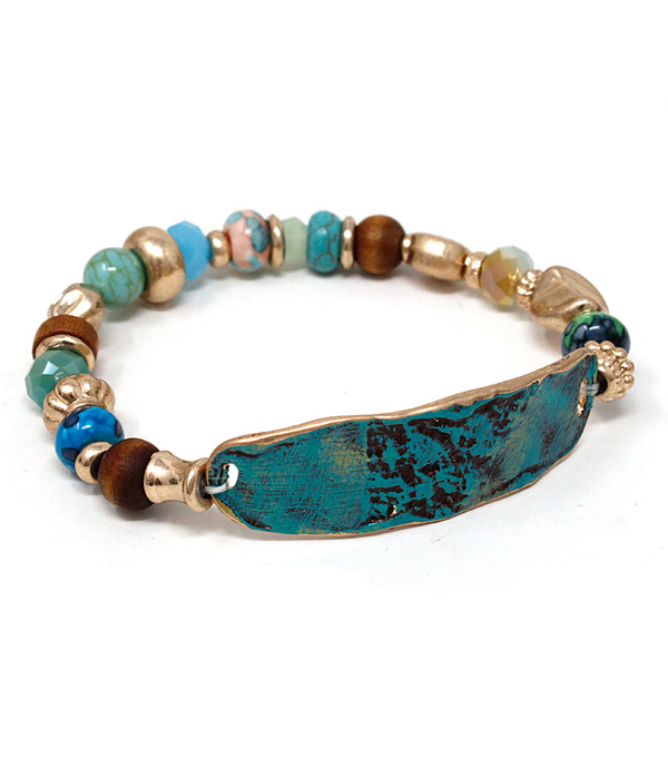 MULTI BEAD MIX AND PATINA PLATE STRETCH BRACELET