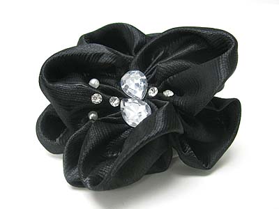 CRYSTAL AND ACRYL STONE CHIFFON RIBBON FLOWER BROOCH PIN