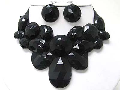 Facet glass deco chiffon ribbon back bib style necklace earring set