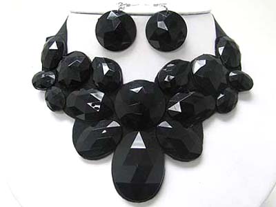 FACET GLASS DECO CHIFFON RIBBON BACK BIB STYLE NECKLACE EARRING SET