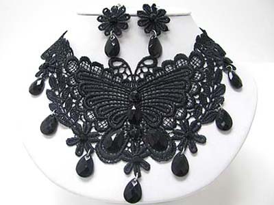 FACET ACRYL DANGLE FABRIC MESH BUTTERFLY DECO CHIFFON RIBBON BACK BIB STYLE NECKLACE EARRING SET