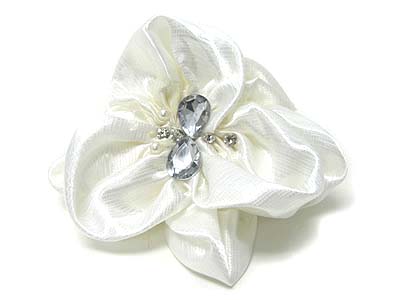 CRYSTAL AND ACRYL STONE CHIFFON RIBBON FLOWER BROOCH PIN