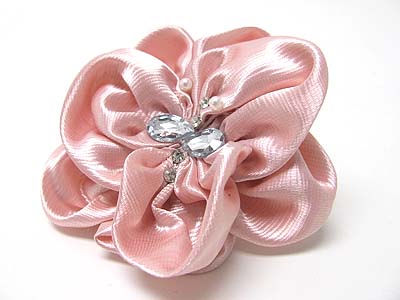 CRYSTAL AND ACRYL STONE CHIFFON RIBBON FLOWER BROOCH PIN