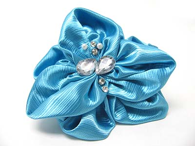 CRYSTAL AND ACRYL STONE CHIFFON RIBBON FLOWER BROOCH PIN