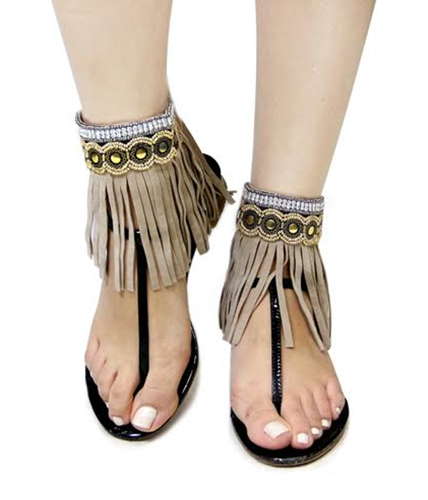 MULTI BEADS AND LEATHERETTE TASSEL ANKLET - ONE PAIR
