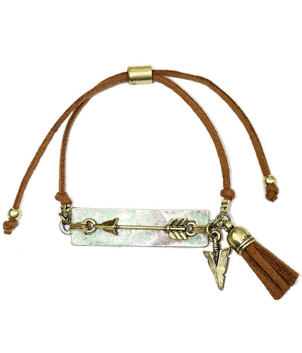 Arrow and leatherette tassel pull tie bracelet
