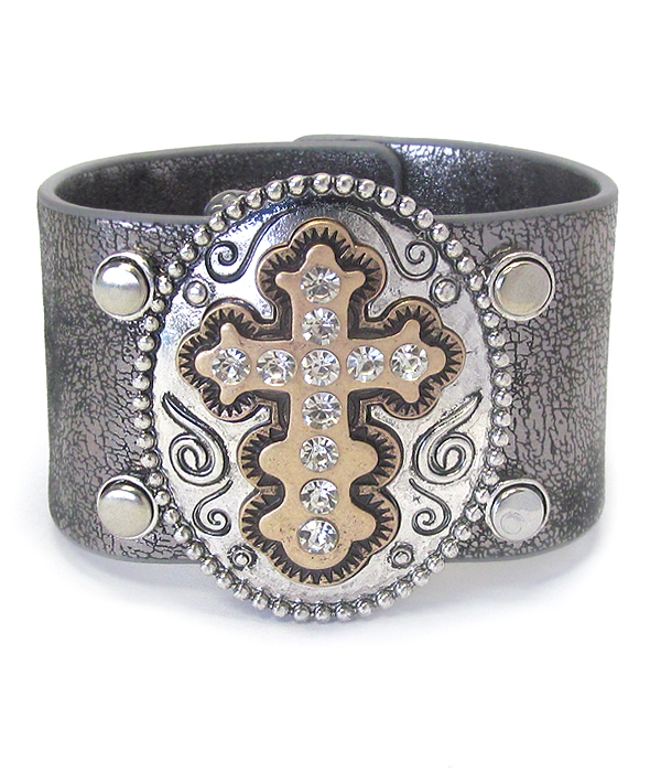 CRYSTAL CROSS LEATHER BNAD BRACELET