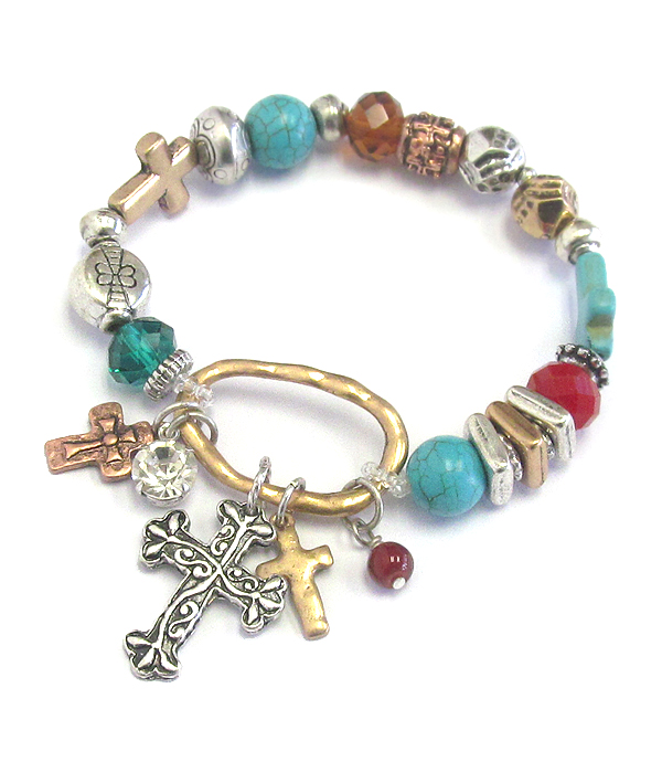 Multi cross charm and bead stretch bracelet