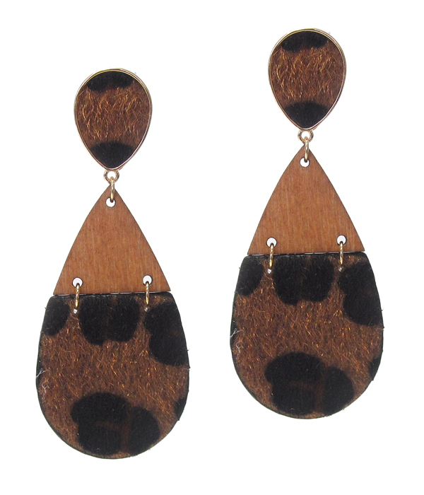 Wood and leatherette teardrop earring - animal print