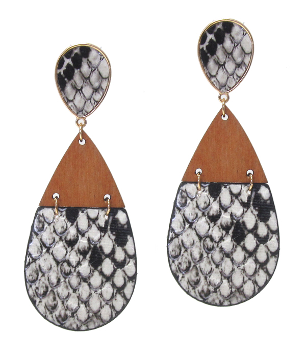 WOOD AND LEATHERETTE TEARDROP EARRING - SNAKE SKIN