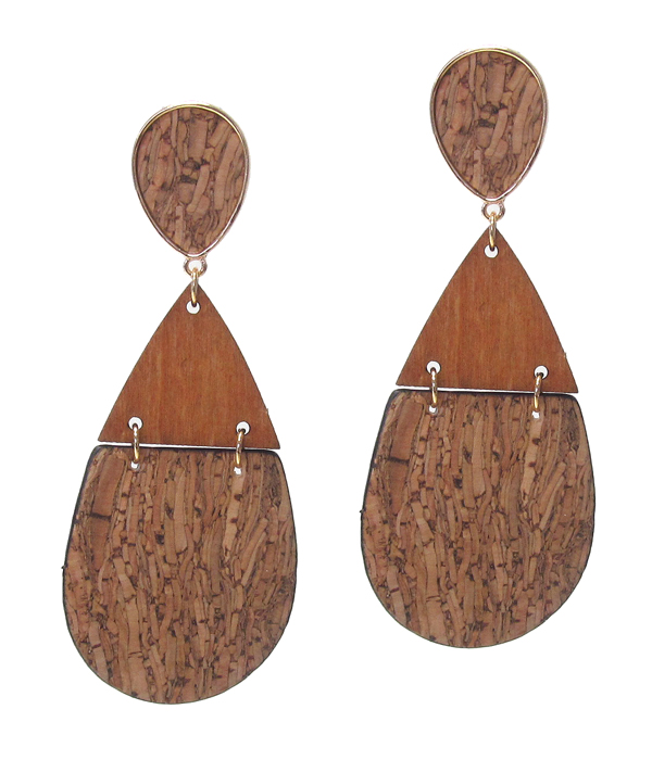 WOOD AND LEATHERETTE TEARDROP EARRING - CORK