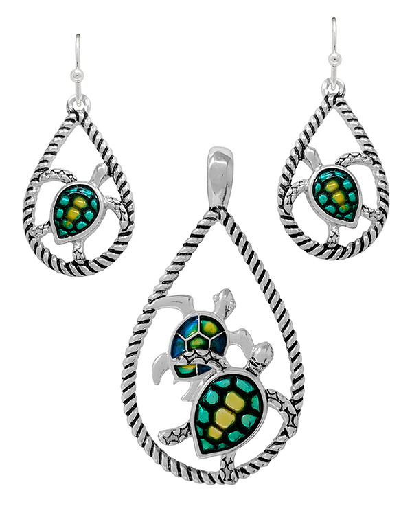 SEALIFE THEME ROPE TEXTURED TEARDROP PENDANT AND EARRING SET - TURTLE