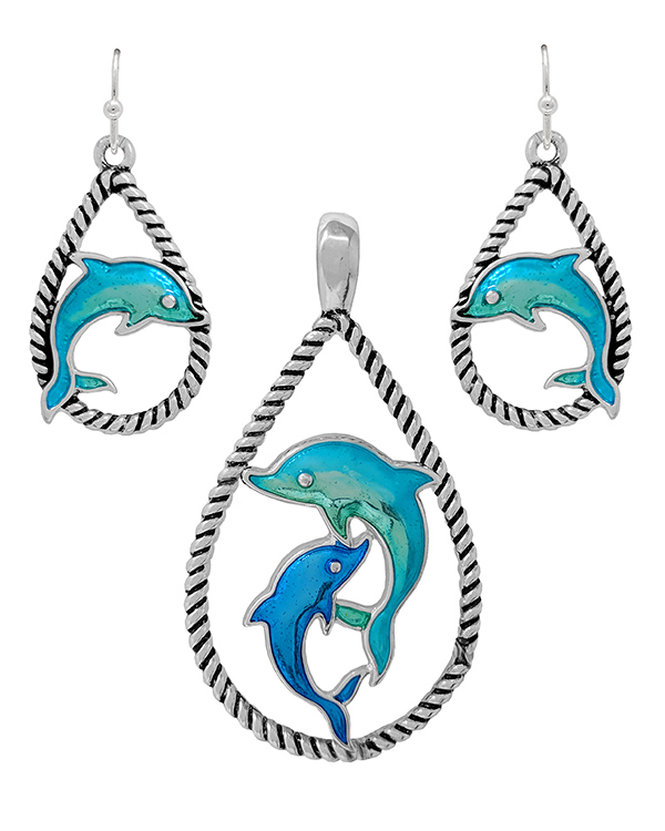 Sealife theme rope textured teardrop pendant and earring set - dolphin