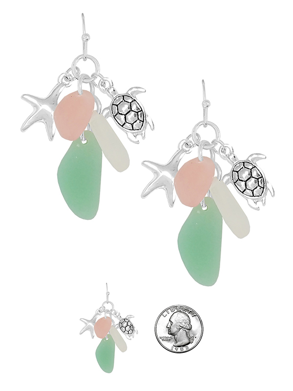 Sealife theme seaglass multi charm earring - turtle starfish sea glass
