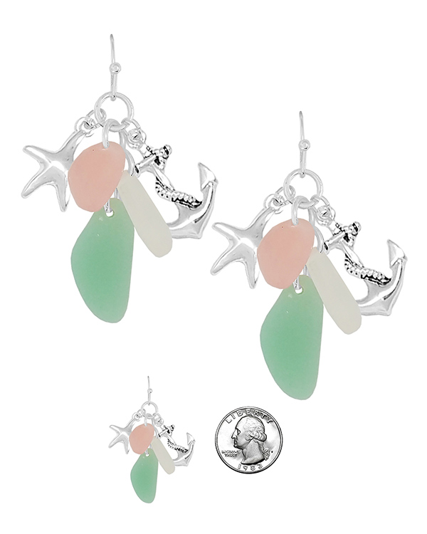 SEALIFE THEME SEAGLASS MULTI CHARM EARRING - ANCHOR STARFISH sea glass