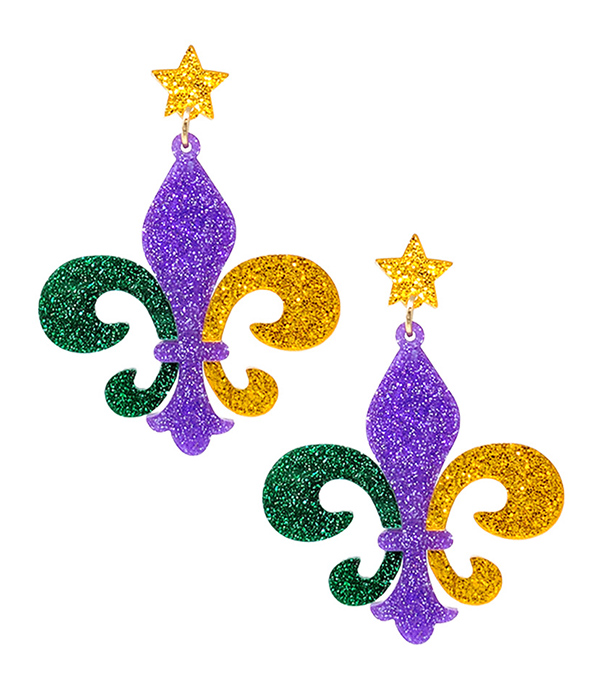Mardi gras theme glittering fleur de lis earring