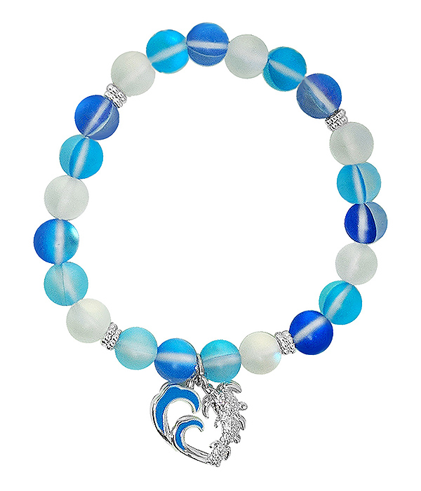 SEALIFE THEME TURTLE AND WAVE CHARM STRETCH BRACELET