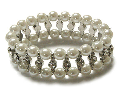 Double row pearl beads and crystal stretch bracelet