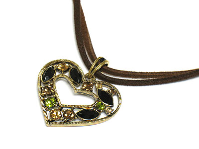 Multi color crystal heart pendant and suede necklace