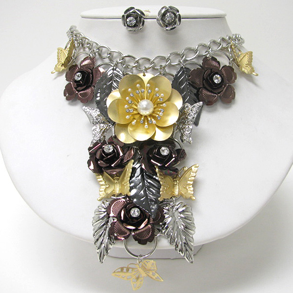 Extra long chunky spring vintage mixed metal flower and butterfly cluster drop neklace earring set