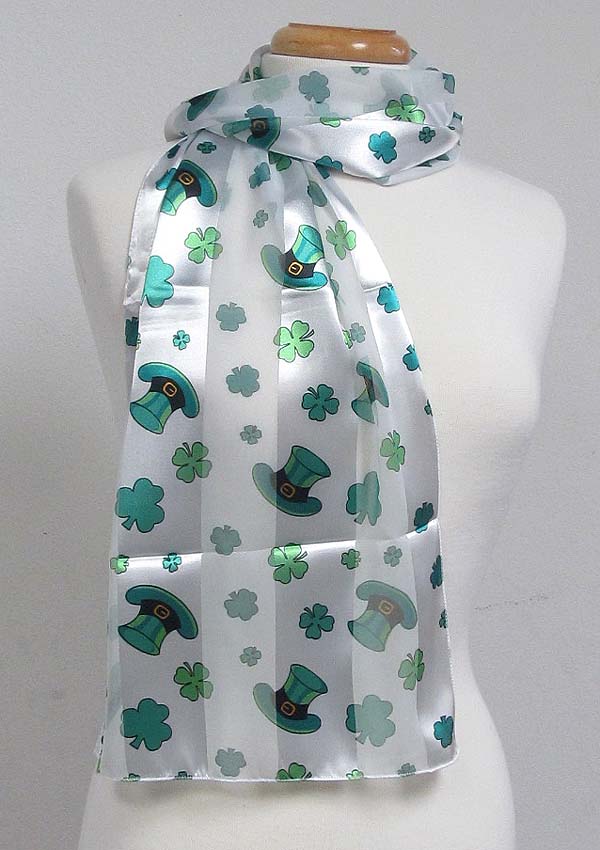 St.patrick day clover and  hat theme satin stripe print sash scarf - 13x60 inch - 100% polyester