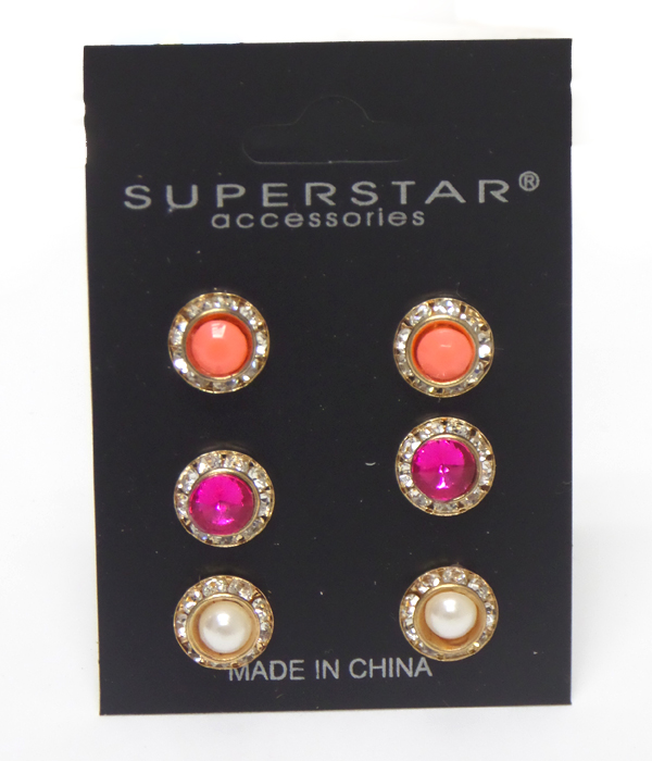 Multi stone with crystals small 3 pair earrings 