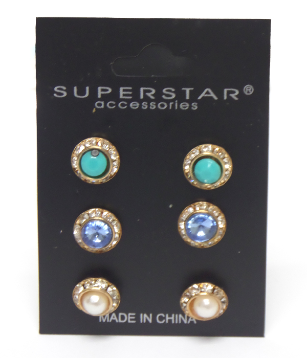 Multi stone with crystals small 3 pair earrings 