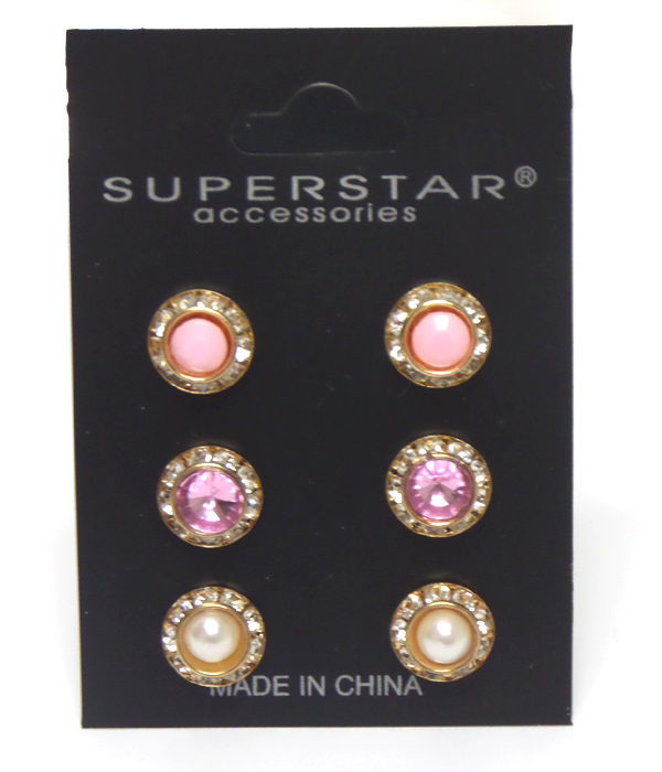 Multi stone with crystals small 3 pair earrings 