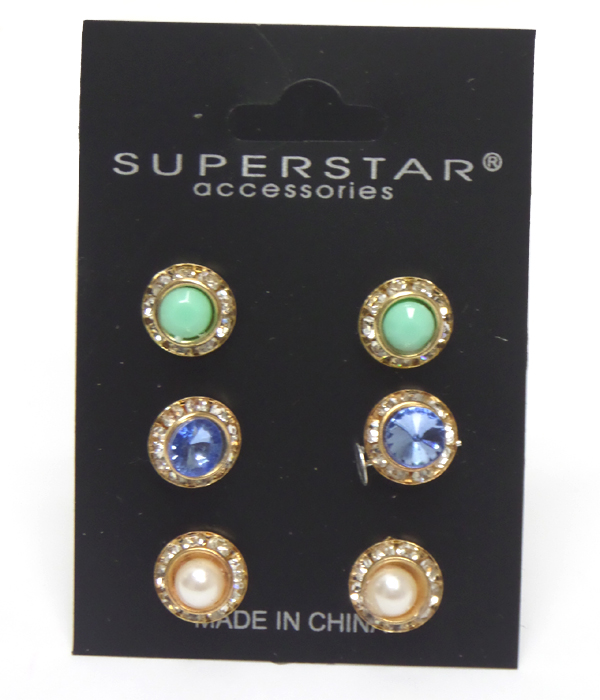 Multi stone with crystals small 3 pair earrings