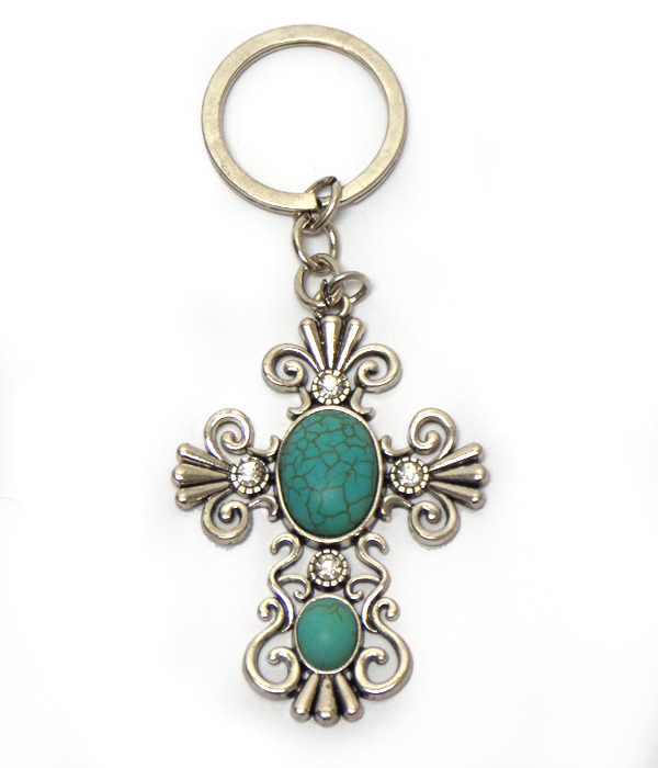 Faux turquoise stone with rhinestones cross keychain