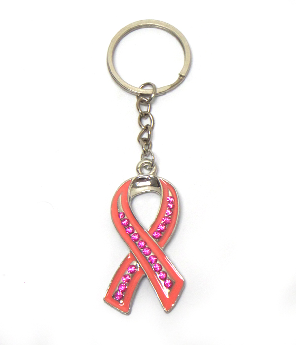 Breast cancer awareness pink ribbon with stones keychain