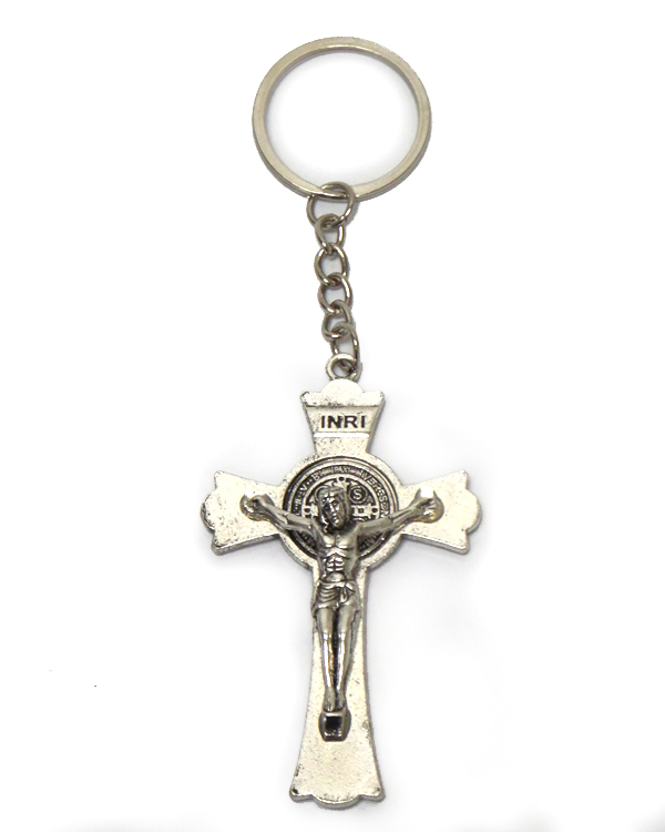Religious theme textured metal cross keychain